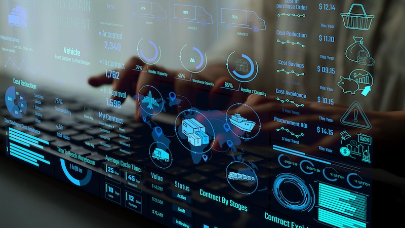 Supply chain management interface showing delivery routes, warehouse efficiency, cost savings, vehicle tracking, procurement ROI, and contract stages. Futuristic supply chain monitoring system. Thunk