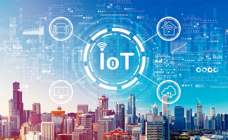 IoT theme with downtown Chicago cityscape skyscrapers
