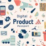 A clean vector-style banner with "Digital Product Passport" in center alignment, surrounded by minimalist icons of recycling, data, QR codes, and a product box.