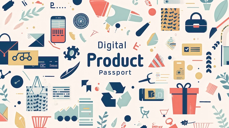 A clean vector-style banner with "Digital Product Passport" in center alignment, surrounded by minimalist icons of recycling, data, QR codes, and a product box.