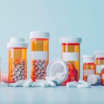 A collection of prescription medicine bottles, some open with pills spilling out, is set against a clean, clinical background. The scene underscores the importance of proper medication management.