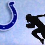 Indianapolis Colts. Silhouette of professional american football player. Logo of NFL club in background, edit space.