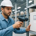 Peacock Bros Worker in blue uniform and helmet scanning RFID tag on box in warehouse, realistic style, bright industrial background, logistics concept. Ai generative