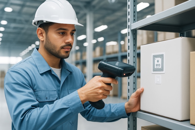 Peacock Bros Worker in blue uniform and helmet scanning RFID tag on box in warehouse, realistic style, bright industrial background, logistics concept. Ai generative