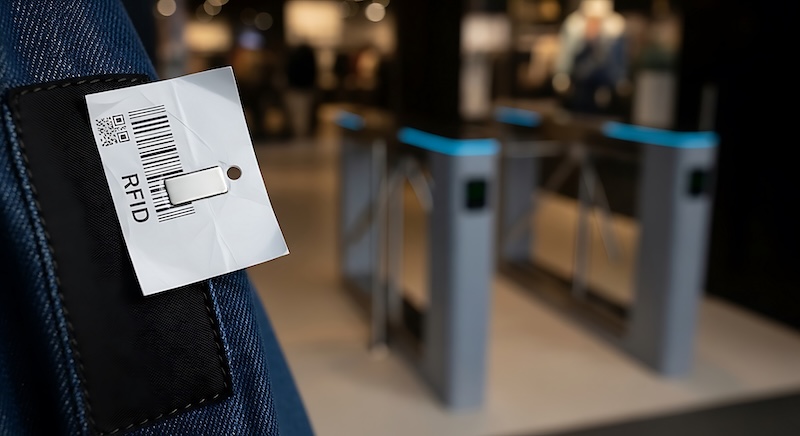 RFID Scorecard A close-up of an RFID anti-theft tag with a barcode on clothing. In the background, out-of-focus security gates stand at a store's exit, demonstrating technology used for inventory management and loss prevention in modern retail environments to combat shoplifting.