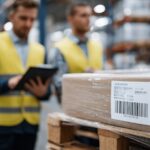 Close-up of barcode and RFID tags on pallets, workers scanning packages, symbolizing modern tracking and inventory control in supply chain