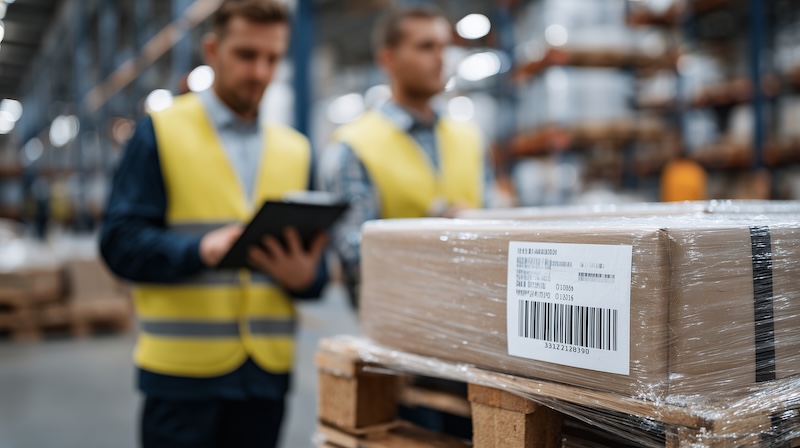 Close-up of barcode and RFID tags on pallets, workers scanning packages, symbolizing modern tracking and inventory control in supply chain