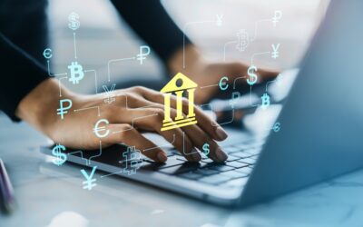 Banking AI Hands typing on laptop with digital currency symbols overlay and banking icon, on light office background, concept of online financial technology