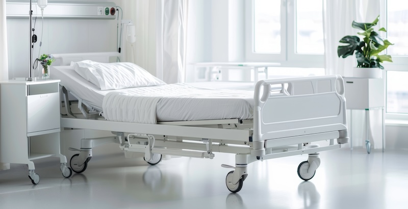 RFID Bright and clean modern hospital room with an empty hospital bed, large windows, and medical equipment, creating a calm healing atmosphere.