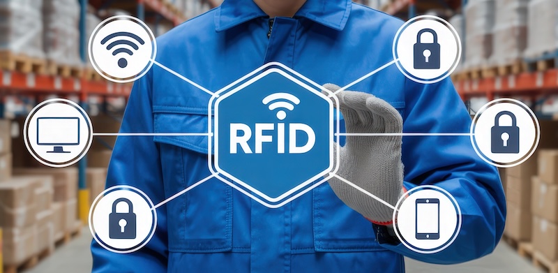 Worker in a warehouse interacts with a graphical user interface displaying RFID technology and various connected devices. The image illustrates the integration of RFID systems into warehouse operations.