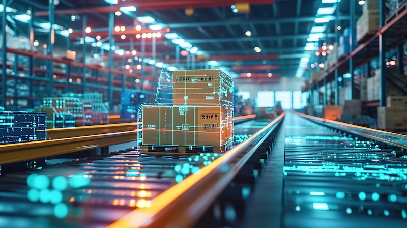 Dot AI Wiliot Smart warehouse management system using augmented reality technology to identify package picking and delivery . Future concept of supply chain and logistic business, + --ar 16:9 --v 6 Job ID: d8885333-c96e-4321-8a7c-1496115acf6c