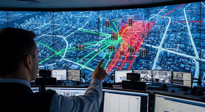 RFID Smart Cities Traffic A city traffic manager monitors and interacts with a large interactive map displaying real-time traffic flow and incidents.