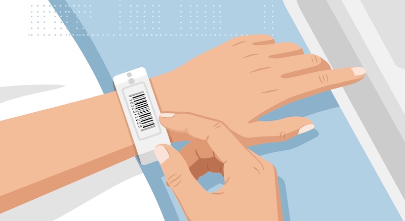 RFiD Discovery Patient's Barcode Id Wristband Identification With Bed In Hospital Room Illustration