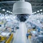 Semtech Security camera monitors a modern, brightly lit factory floor with rows of machinery