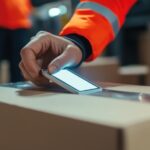 Tageos and Pragmatic Semiconductor introduce sustainable NFC inlays Warehouse worker wearing a high visibility jacket scanning a package with nfc technology on a smartphone in a modern warehouse environment, enhancing logistics and efficiency