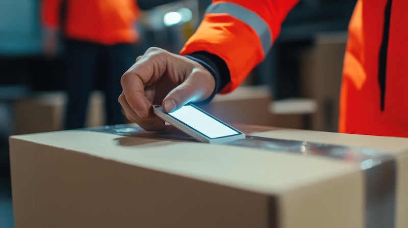 Tageos and Pragmatic Semiconductor introduce sustainable NFC inlays Warehouse worker wearing a high visibility jacket scanning a package with nfc technology on a smartphone in a modern warehouse environment, enhancing logistics and efficiency