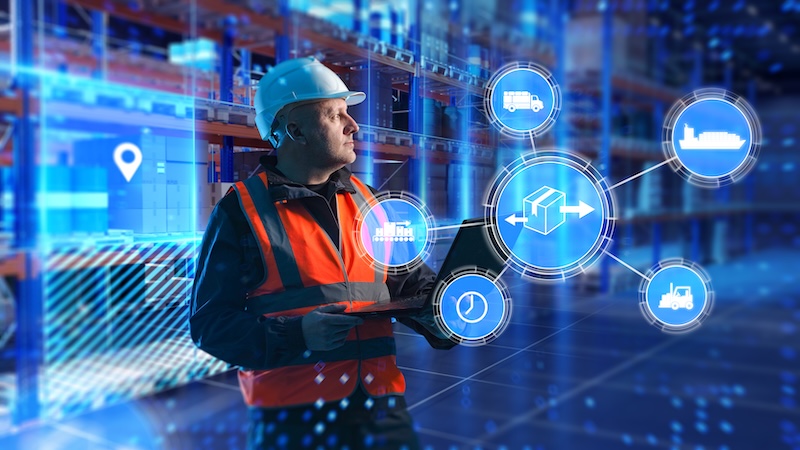 Identiv has launched ID-Pixels 3.0, a family of battery-free Bluetooth Low Energy inlays and labels built on Wiliot's Gen3 IC Supply chain management, smart logistics. Warehouse manager uses laptop to monitor digital transport network, tracking cargo flow, delivery routes and automated distribution processes.