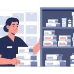 Intelliguard, Accucold Introduce Integrated RFID Inventory Pharmaceutical Cabinet Healthcare worker organizing medical supplies in a pharmacy or hospital storage.