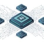 Nordic Semiconductor AI-chip IoT Isometric artificial intelligence chip concept. Artificial intelligence concept. Futuristic microchip processor. Vector illustration