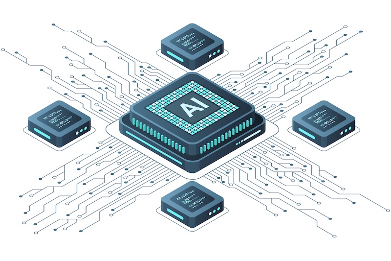 Nordic Semiconductor AI-chip IoT Isometric artificial intelligence chip concept. Artificial intelligence concept. Futuristic microchip processor. Vector illustration