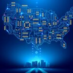 Soracom Expands IoT Professional Services to North America Abstract communication network map USA or America as a printed circuit Board. Smart city connected with country. Technology concepts