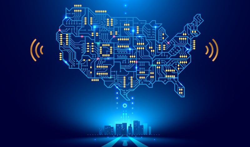 Soracom Expands IoT Professional Services to North America Abstract communication network map USA or America as a printed circuit Board. Smart city connected with country. Technology concepts