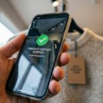 Pragmatic Expands Product Portfolio to Combat Product Tampering, Counterfeiting POV Person Scanning Wool Sweater Tag with Smartphone App for Product History. Focus on scanning. Image created using generative AI.