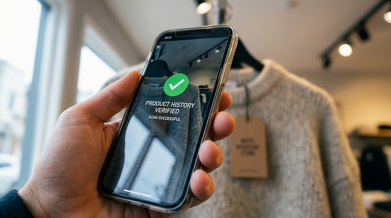 Pragmatic Expands Product Portfolio to Combat Product Tampering, Counterfeiting POV Person Scanning Wool Sweater Tag with Smartphone App for Product History. Focus on scanning. Image created using generative AI.