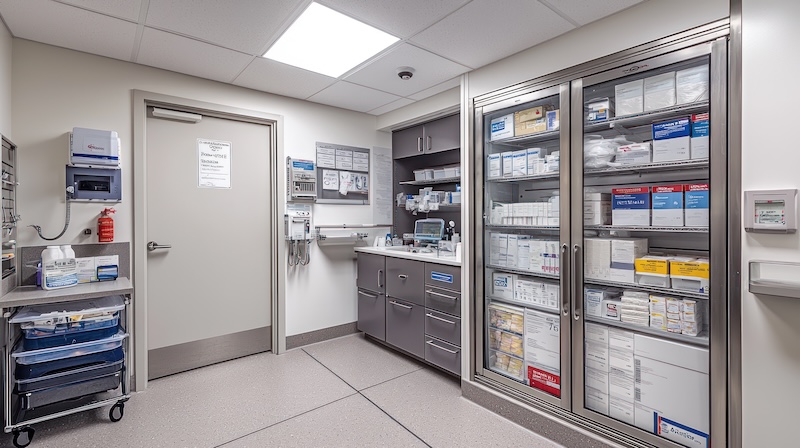 Modern hospital supply room stocked with medical equipment.